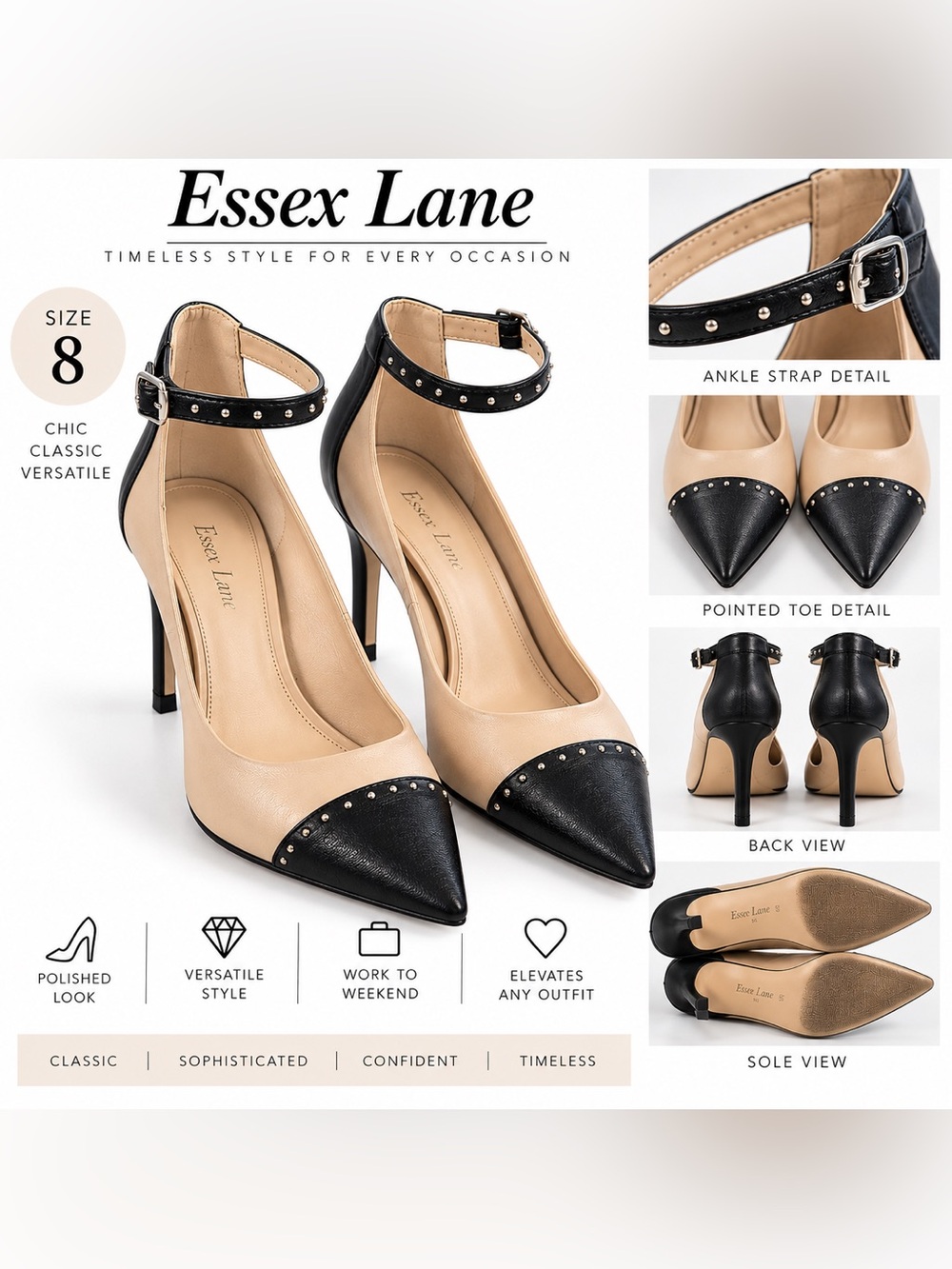 Essex Lane Two-Tone Pointed-Toe Ankle-Strap Pumps in Black and Beige